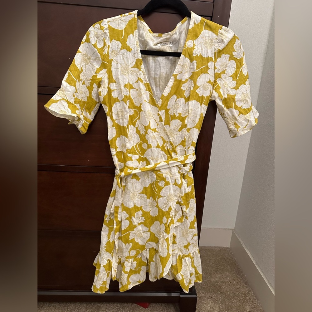 Yellow Flower Print Wrap Dress